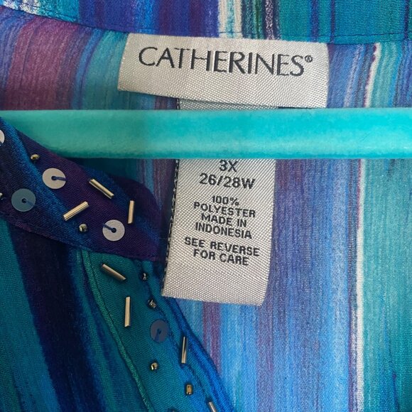 Catherines Tunic Top Womens 3X 26/28W Blue Striped Sequin Beaded Plus Size Semi - Picture 2 of 9
